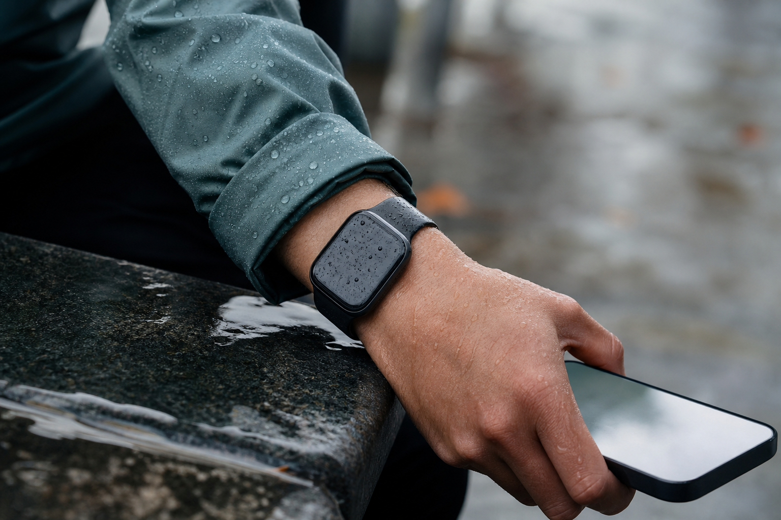 A runner's smartwatch and phone after a rainy workout
